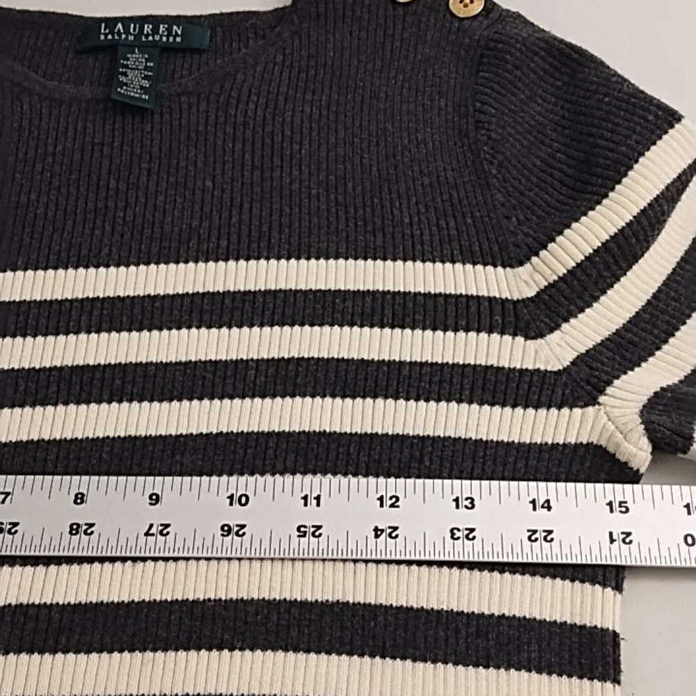 Lauren Ralph Lauren Rib Knit, Gold Button Shoulder, Gray & Cream Stripe Sweater - Picture 5 of 11
